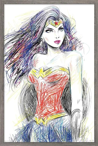 Trends International DC Comics - Wonder Woman - Póster de pared de boceto, 14.725 x 22.375 pulgadas, versión enmarcada de madera de granero