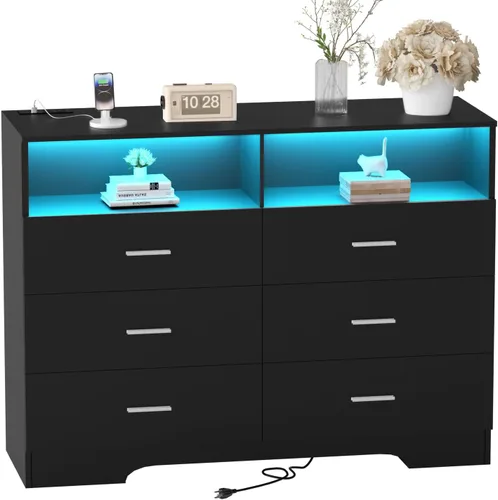 Miniatura 15 de FJTJBSI Cómoda con Tomas de Corriente de Madera de 6 Cajones con Organizador Grande Blanco Organizador de Almacenamiento Alto con Riel de Metal Liso