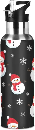 Miniatura 8 de Cute Snowmen Black Stainless Steel Vacuum Insulated Water Bottle 20 Oz Leakproof Water Bottles, BPA-Free Sports Water Bottle with Straw