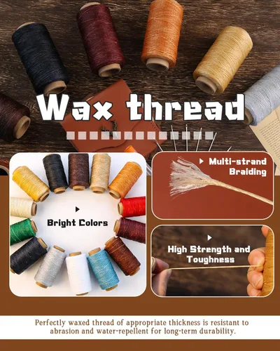 Miniatura 2 de DIUDUS Hilo encerado de 218 yardas, hilo encerado de cuero con agujas de coser resistentes, hilo de cuero para coser a mano, reparación de cuero