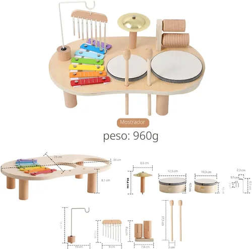 Miniatura 8 de Juego de batería de madera para niños pequeños de 1 a 3 años, instrumentos de percusión musical para niños, juego de batería para bebés, xilófono