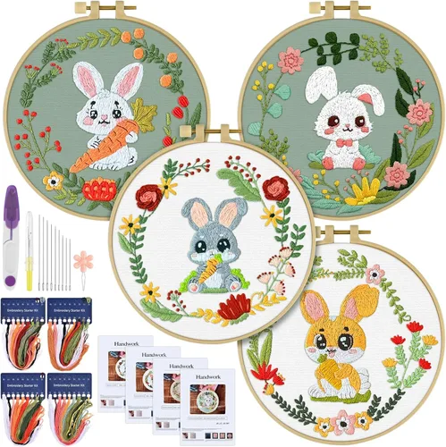 Miniatura 12 de ERKOON 4 Kits de Bordado, Juego de Punto de Cruz de Animales que Incluye Tela de Bordado, Aros, Hilos para Amantes de las Manualidades, Puntada a
