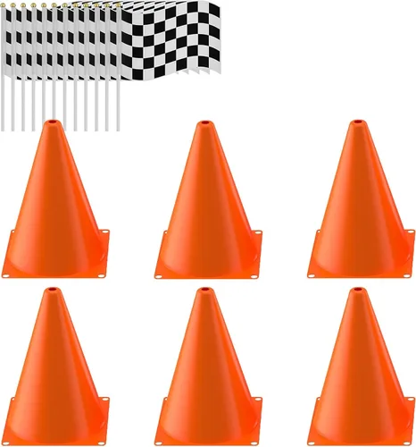 Conos de tráfico con banderas a cuadros de carreras, 6 conos de tráfico con agujero en la parte superior, 12 banderas a cuadros, suministros de