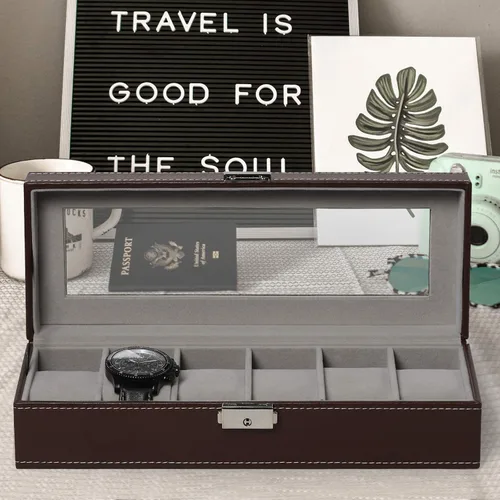 Miniatura 6 de NEX Caja de reloj organizador para hombres de piel sintética superior de cristal para el almacenamiento de relojes