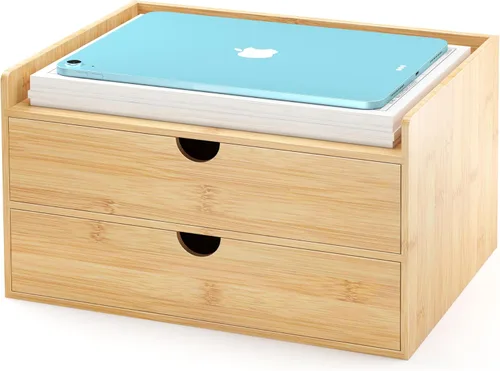 Organizador de cajones de escritorio de bambú, organizador de escritorio grande con cajones, caja de organización de almacenamiento de mesa para 2