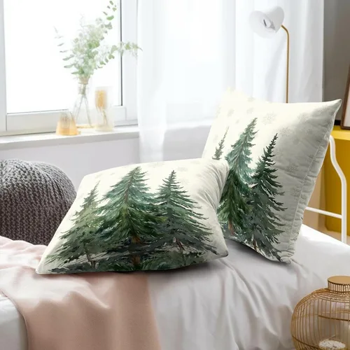 Miniatura 8 de Fundas de Almohada de Bosque de Pinos 22x22 Juego de 2, Fundas de Almohada Decorativas de Árboles de Abeto y Cedro Verde Nieve Beige de Invierno