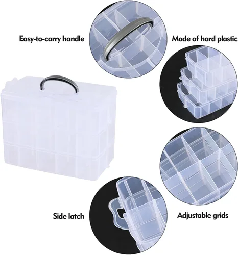 Miniatura 7 de Caja de almacenamiento apilable de plástico con 30 compartimentos ajustables, 3 niveles, organizadores de manualidades apilables transparentes