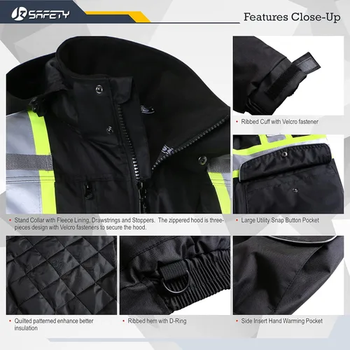 Miniatura 4 de JKSafety Chaqueta bomber de invierno reflectante 3M impermeable de alta visibilidad con 10 bolsillos, color negro, bolsillo seguro para tableta
