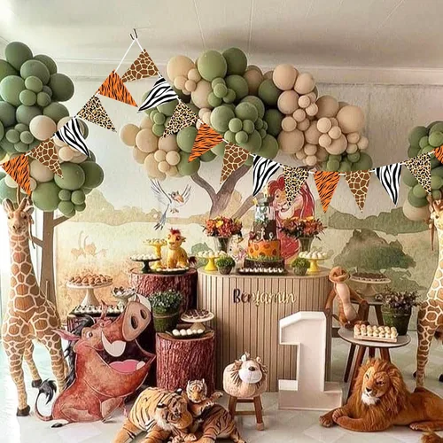 Miniatura 7 de VILIFEVER 2 banderines con estampado de animales, suministros de fiesta temática de selva, decoraciones de fiesta de cumpleaños de safari, cartel