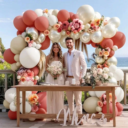 Miniatura 2 de Guirnalda de globos de color rosa polvoriento, globos de doble relleno, color rosa malva, kit de arco de globos de arena blanca perla para despedida