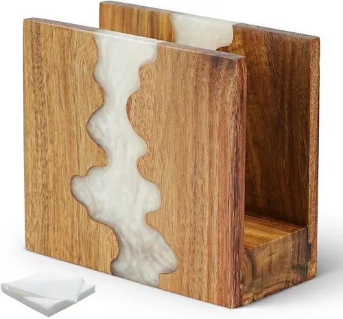 Servilletero de madera de acacia para mesa, hecho a mano con diseño único de ondas y base resistente de 1.2 in para mesa de cocina, comedor, Blanco