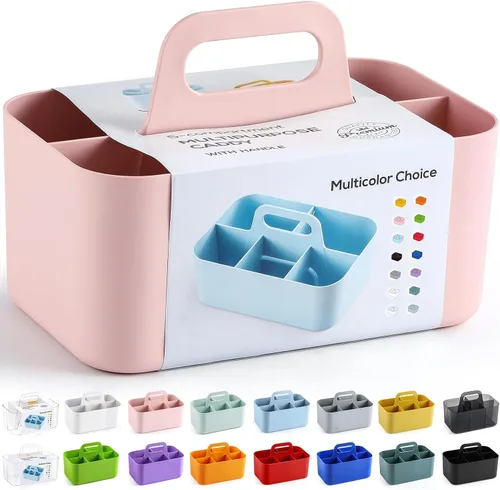 Miniatura 8 de Organizador Caddy Multiusos con Asa - Contenedor de Plástico Apilable Tote - Suministros de Arte y Manualidades, Oficina, Escritorio, Papelería, Rosa