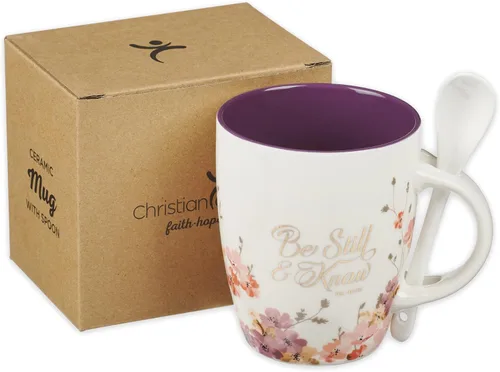 Miniatura 7 de Taza de café y té con escritura de Christian Art Gifts con juego de cucharas de cerámica para mujeres: Be Still and Know - Salmo 46:10 Mensaje