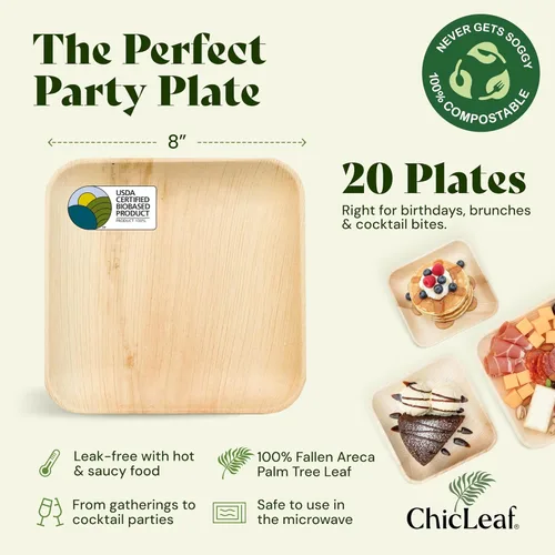 Miniatura 2 de Chic Leaf Platos de hoja de palma de 8 pulgadas – Vajilla cuadrada desechable estilo bambú, platos resistentes y compostables de hoja de areca