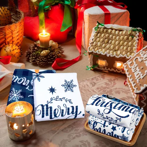 Miniatura 6 de Oudain Juego de 6 paños de cocina de Navidad, toalla de cocina de Navidad, búfalo azul, a cuadros, alce, muñeco de nieve, casa de nieve, camión