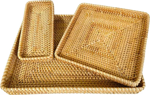 Miniatura 10 de i-lan Juego de 3 bandejas rectangulares de ratán y nácar azul de 15 pulgadas, bandejas tejidas de ratán natural, rectangulares bohemias, cestas