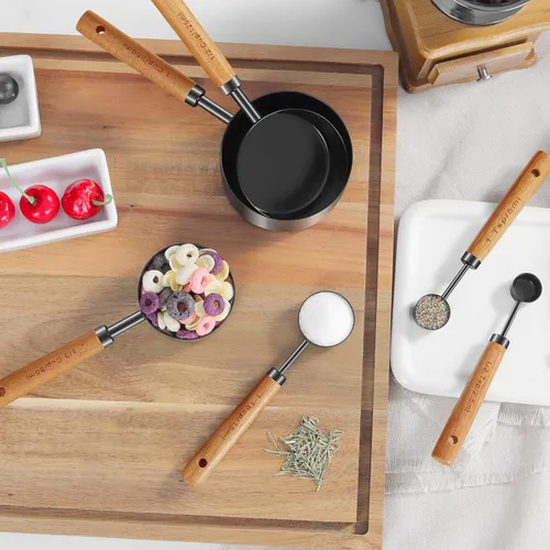 Miniatura 5 de GuDoQi Juego de 8 tazas y cucharas medidoras con mango de madera, tazas y cucharas medidoras de acero inoxidable dorado, medidas, medidas Negro