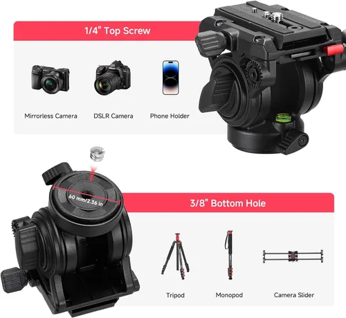 Miniatura 6 de Avella Cabezal fluido de trípode de video con placa de liberación rápida, ligero y resistente, compatible con Manfrotto, carga máxima de 13.2 lb/6