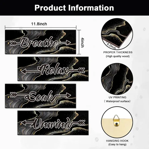 Miniatura 2 de Lnond 4 piezas de arte de pared de mármol negro y dorado para baño, decoración de letreros de relajación y respiración, arte de pared de baño