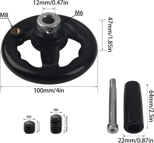 Miniatura 2 de Rueda de mano redonda de 0.47x4 pulgadas de diámetro con manija giratoria de perilla para torno de manivela de taladro de molino