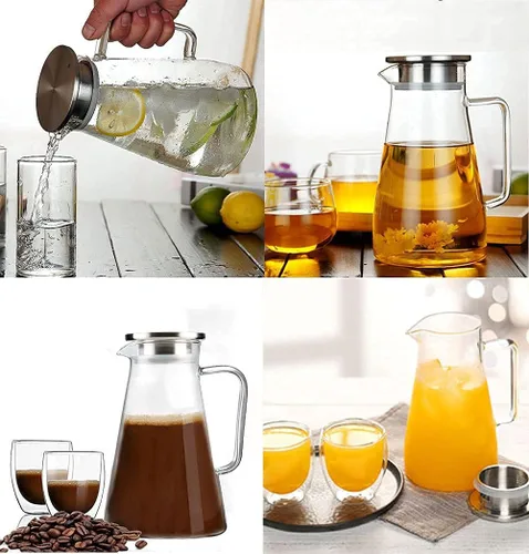 Miniatura 7 de Jarra de vidrio de borosilicato con tapa, 1.8L/60 onzas, resistente al calor, jarra de agua con asa para refrigerador, jarra grande de té helado