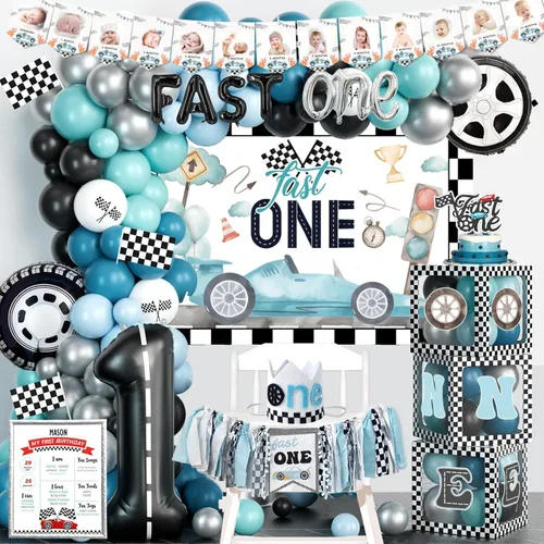 Fast One Decoraciones de Cumpleaños para Niños, Decoraciones de Primer Cumpleaños para Niños, Fondo Temático de Coche Vintage, Cajas de Globos,