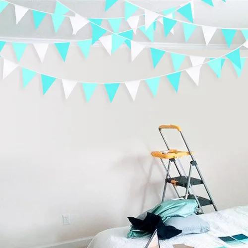 Miniatura 5 de Pancarta verde aguamarina de 32 pies para decoración de fiesta, bandera triangular, banderines de tela para boda, cumpleaños, compromiso, novia