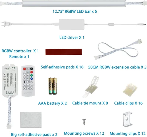 Miniatura 5 de Luz LED para debajo del gabinete de cocina. RGBW. Cambio de color y luz blanca fría superbrillante. Control remoto con atenuación. 6 barras de luz
