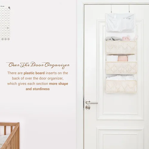 Miniatura 4 de Mkono Organizador de macramé sobre la puerta, decoración bohemia para colgar del cuarto de bebé, con 3 bolsillos grandes tejidos, organizador