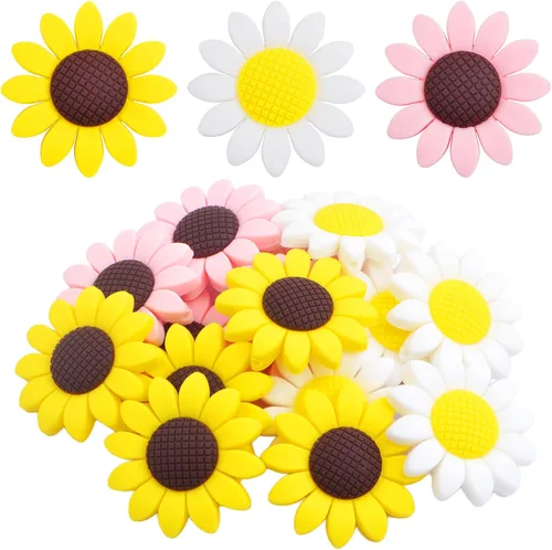 Miniatura 8 de 15 cuentas espaciadoras de silicona de girasol de 0.78 pulgadas (0.787 in) con forma de flor plana focal, cuentas espaciadoras para llaveros