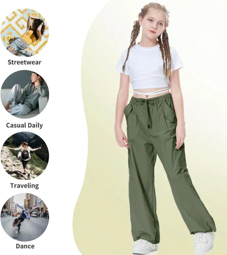 Miniatura 7 de Rolanko Pantalones de paracaídas para niñas, pantalones cargo Y2K con bolsillos, pantalones deportivos Harajuku para niños de 4 a 14 años