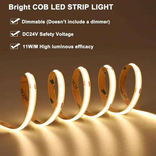 Miniatura 2 de TOPAI Tira de luces LED COB de 24 V, 3000 K, blanco cálido, 16.4 pies, ultra brillante, 400 lm/ft, sin puntos, CRI>92 480LED/M, alta densidad