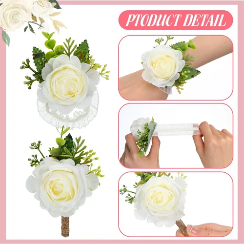 Miniatura 2 de Sherr Juego de 60 piezas de ramillete de rosas y boutonniere, rosa marfil, pulsera de flores para novia, dama de honor, ramillete para novio