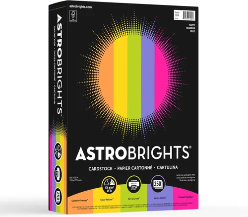 Astrobrights® Cartulinas de Color, Surtido Feliz, Tamaño Carta (8.5" x 11"), 65 lb, Paquete de 250 Happy