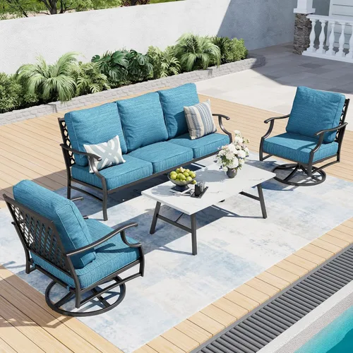 Miniatura 35 de SUNSHINE VALLEY Juego de muebles de patio, 4 piezas de muebles modernos de metal para exteriores, sofá de 3 plazas, 2 sillas mecedoras, mesa