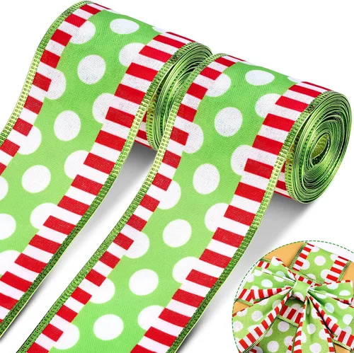 2 rollos de cinta de Navidad en espiral con puntos con alambre con rayas, envoltura de tela colorida, cintas decorativas de Navidad para suministros