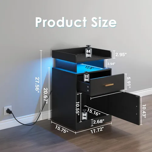 Miniatura 2 de Mesita de noche con estación de carga y luces LED, mesita de noche con cajón, mesita de noche con almacenamiento de gabinete, mesita de noche