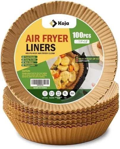 Miniatura 9 de Koja 100 forros desechables para freidora de aire de pergamino, papel antiadherente a prueba de grasa, forros de papel de hornear redondos de 6.5