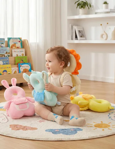 Miniatura 7 de JunNeng Mochila protectora de cabeza de bebé con chirriador, cojín de protección de seguridad para la cabeza del niño, conejo rosa Conejito rosado
