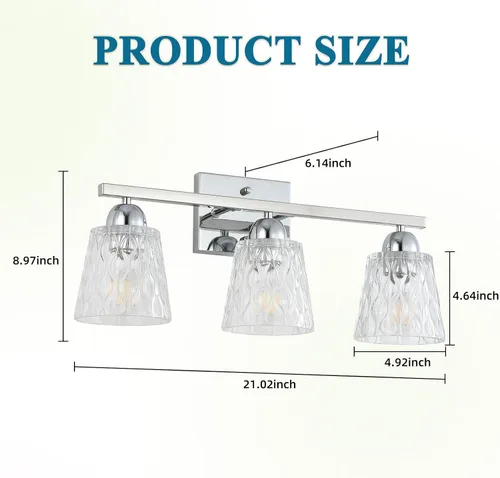 Miniatura 5 de Mecgirn Lámpara de Tocador de Baño de Acero Inoxidable Sobre Espejo, 3 Luces de Baño de Cromo Pulido con Soportes de Vidrio Texturizado, Iluminación