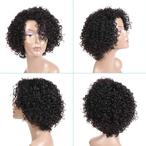 Miniatura 4 de Pelucas de cabello humano rizado brasileño de 10 pulgadas para mujeres negras, peluca corta sin pegamento con color natural, 100% cabello humano