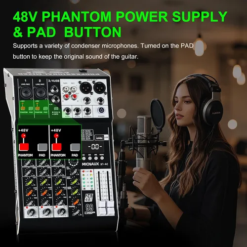 Miniatura 5 de Mezclador de audio de 4 canales, consola mezcladora de sonido profesional con 99 efectos DSP, mezclador de DJ pequeño con USB, Bluetooth, fuente