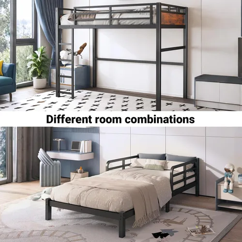 Miniatura 7 de Litera Twin XL sobre Twin XL, literas convertibles de metal que se pueden separar en cama alta y cama baja, estructura de cama resistente