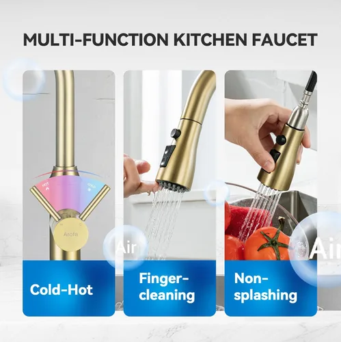 Miniatura 8 de Grifo de cocina dorado con rociador, grifo de fregadero de cocina de una sola manija con rociador extraíble, bronce champán, Arofa