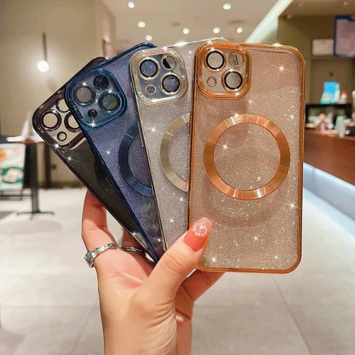 Miniatura 6 de Compatible con iPhone 13 Funda magnética con purpurina, bonita funda transparente chapada de lujo, compatible con MagSafe para mujeres y niñas