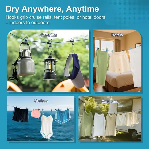 Miniatura 3 de Paquete de 2 tendederos portátiles retráctiles, línea de ropa resistente al viento para acampar al aire libre, viajes, secado de ropa con 12 clips