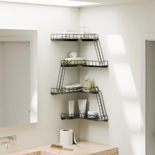 Miniatura 5 de Estante de pared Fire Escape – Estantes de pared esquineros de 4 niveles de estilo urbano moderno, estante de escalera de metal fácil de instalar