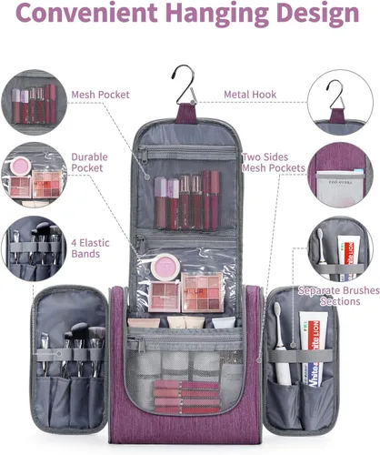 Miniatura 2 de Narwey - Neceser de viaje colgante, organizador de maquillaje y productos cosméticos para mujeres y hombres, Aa-morado., L