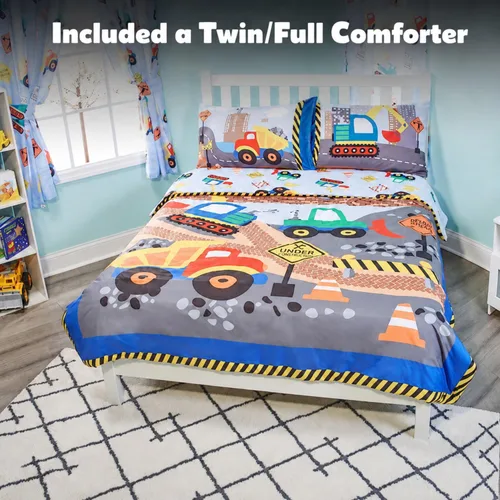 Miniatura 4 de EVERYDAY KIDS Edredón de cama tamaño individual/matrimonial para niños pequeños con camiones volquete y excavadoras; ropa de cama para niños