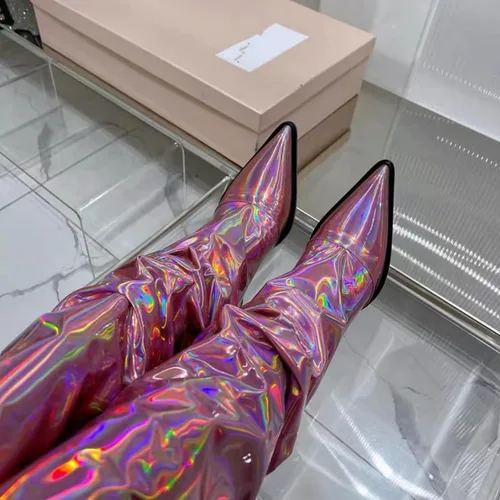 Miniatura 9 de Vertundy Botas altas hasta la rodilla metálicas con punta puntiaguda para mujer, botas altas de tacón alto de charol plisadas, botas largas plisadas